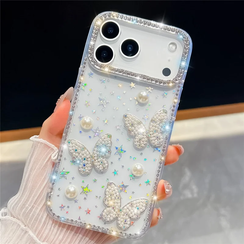 Per iPhone 17 Pro Custodia Bordo Rhinestone Perla Decorazione Farfalla TPU + PC IMD Custodia Telefonica - Trasparente Stellato