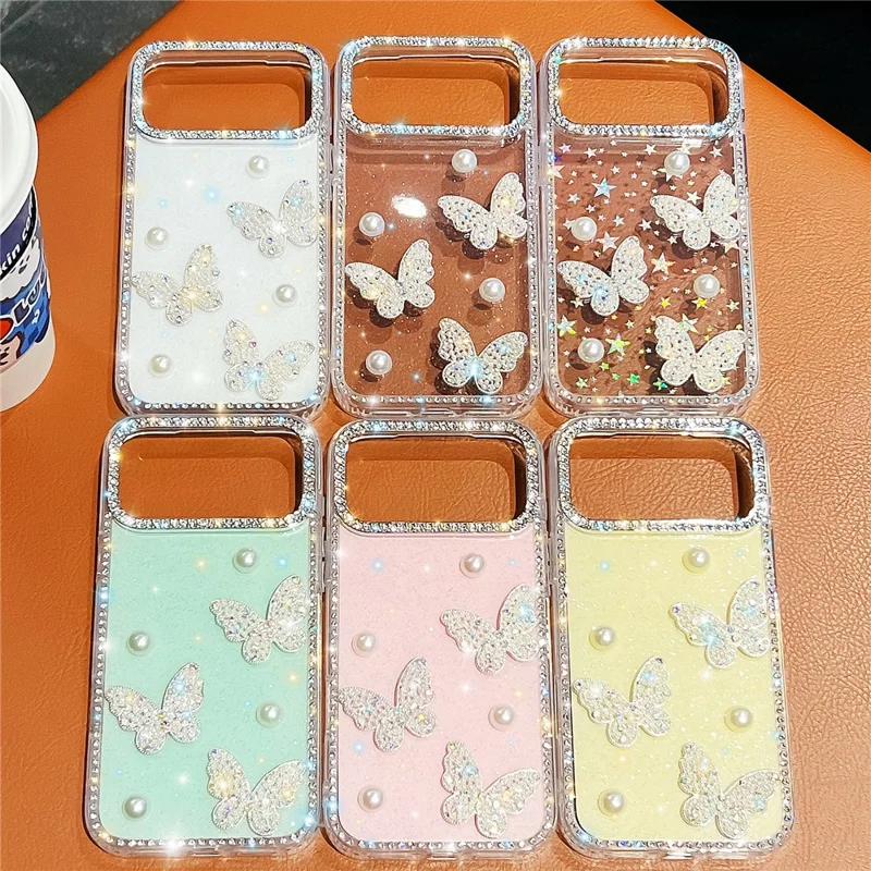 Cover per iPhone 17 Pro Max con Bordo di Strass, Decorazione Farfalla di Perle, Cover per Telefono TPU + PC IMD - Bianco Glitter