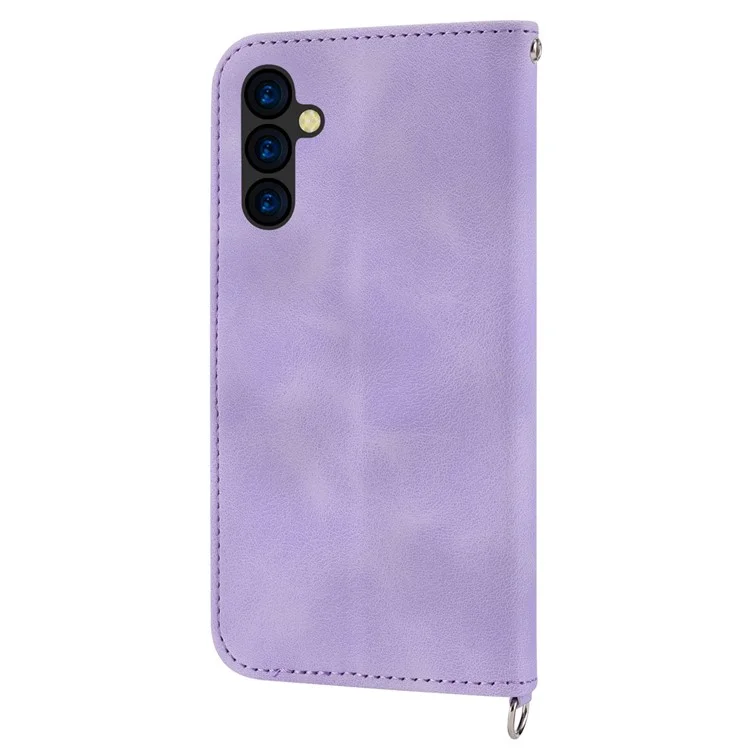 Para Samsung Galaxy A14 5G / A14 4G Funda de Cuero con Estampado de Flores Múltiples Ranuras para Tarjetas Soporte para Teléfono Billetera con Correa - Morado Claro