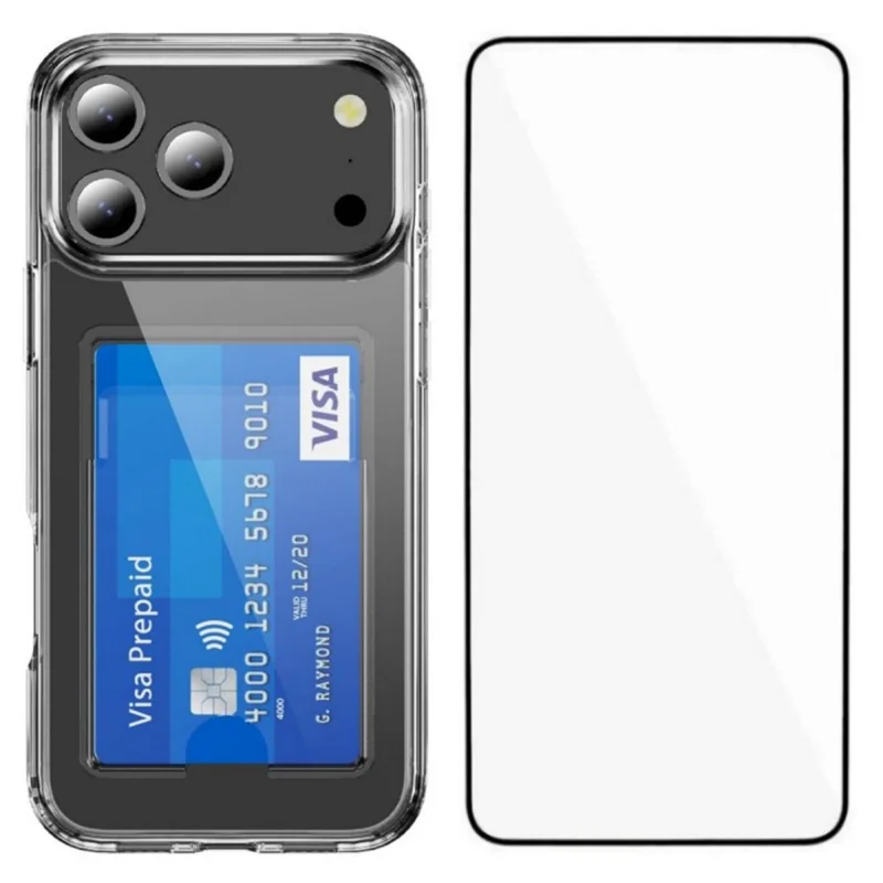 WANLONFENG Série CK Étui Porte-Cartes pour iPhone 17 Pro en PC et TPU avec Film de Protection d'Écran (Grand Trou pour Objectif)
