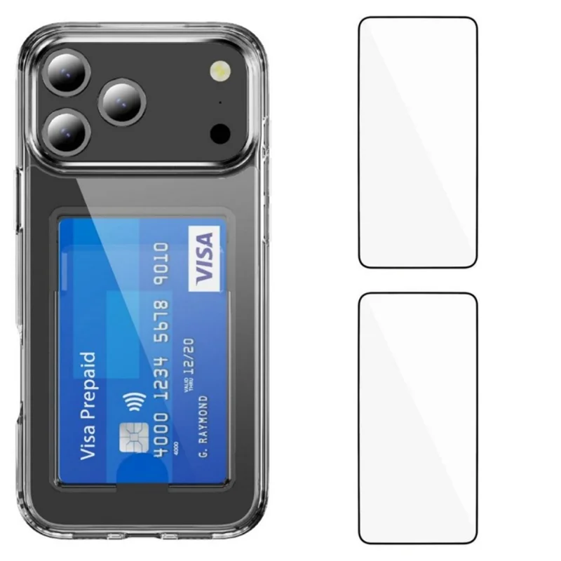 Funda WANLONFENG CK1 para iPhone 17 Pro con Soporte de Tarjetas - Carcasa de PC y TPU con 2 Películas Protectoras (Orificio Grande para Lente)