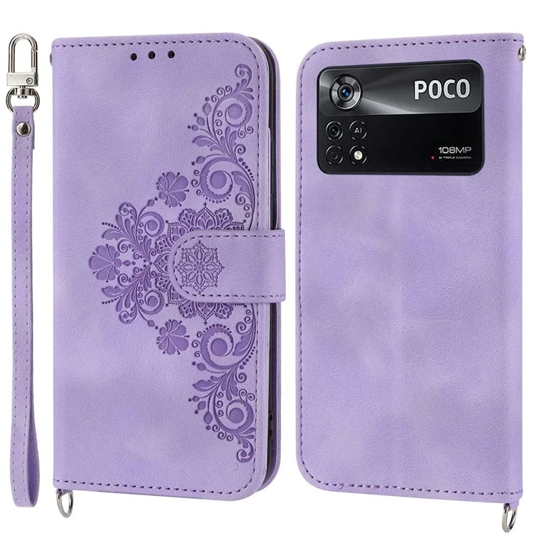 Custodia Per Fiori di Fiori Impressi Per Xiaomi Poco X4 Pro 5G, Cuoio Per la Pelle Cuoio Per il Portafoglio Per il Telefono Con Cinghia Del Polso e Spalla - Viola Chiaro