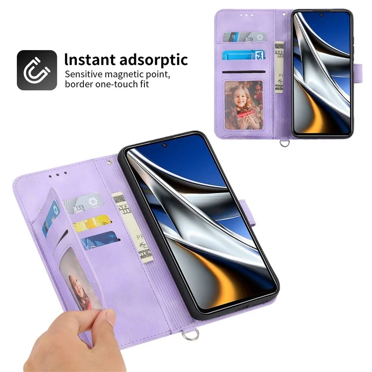 Custodia Per Fiori di Fiori Impressi Per Xiaomi Poco X4 Pro 5G, Cuoio Per la Pelle Cuoio Per il Portafoglio Per il Telefono Con Cinghia Del Polso e Spalla - Viola Chiaro