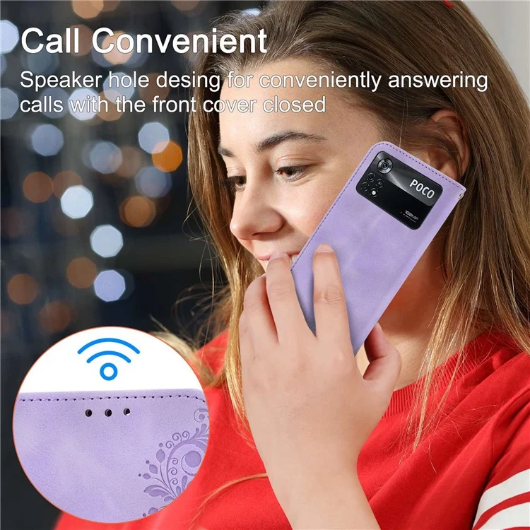 Custodia Per Fiori di Fiori Impressi Per Xiaomi Poco X4 Pro 5G, Cuoio Per la Pelle Cuoio Per il Portafoglio Per il Telefono Con Cinghia Del Polso e Spalla - Viola Chiaro