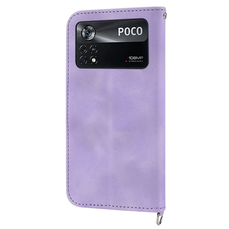 Custodia Per Fiori di Fiori Impressi Per Xiaomi Poco X4 Pro 5G, Cuoio Per la Pelle Cuoio Per il Portafoglio Per il Telefono Con Cinghia Del Polso e Spalla - Viola Chiaro