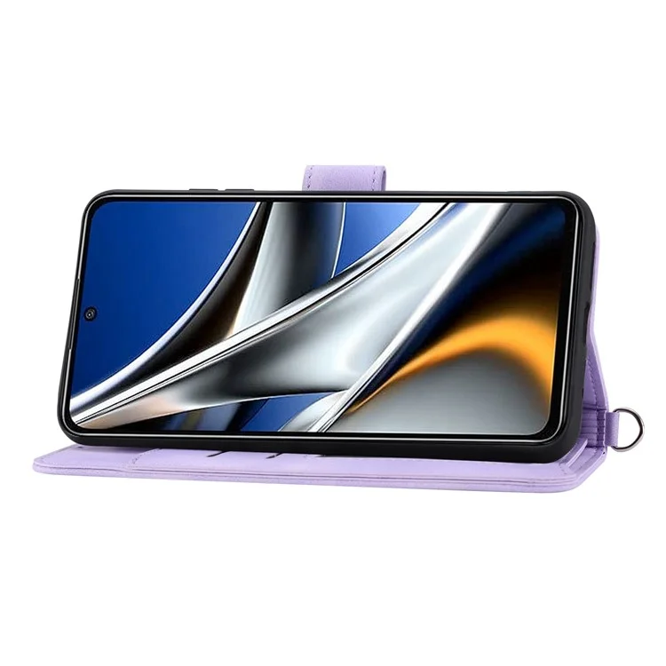 Custodia Per Fiori di Fiori Impressi Per Xiaomi Poco X4 Pro 5G, Cuoio Per la Pelle Cuoio Per il Portafoglio Per il Telefono Con Cinghia Del Polso e Spalla - Viola Chiaro