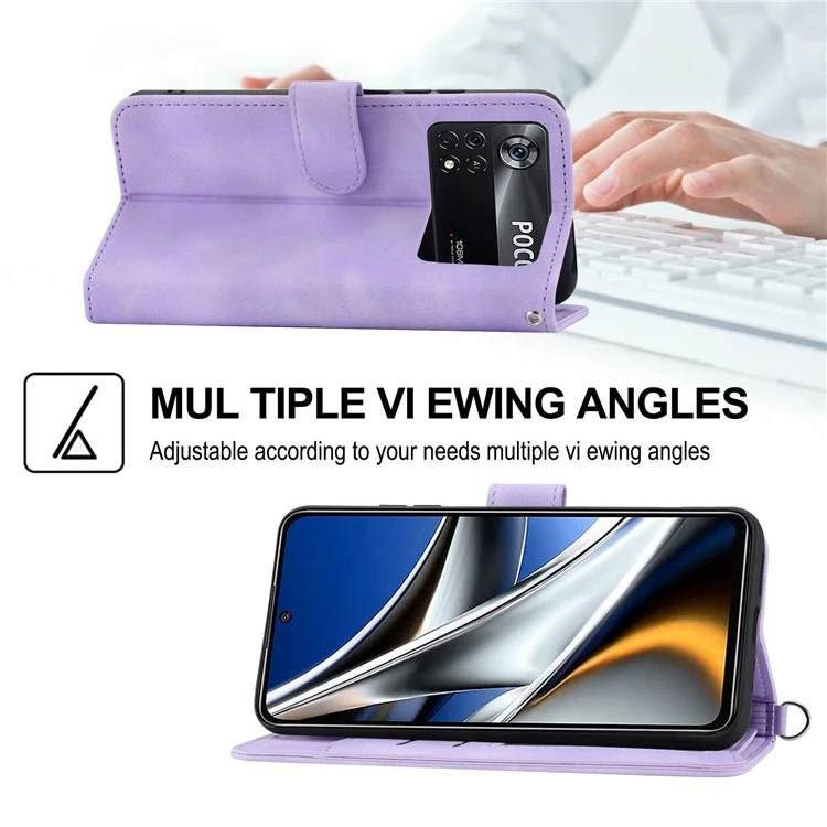 Custodia Per Fiori di Fiori Impressi Per Xiaomi Poco X4 Pro 5G, Cuoio Per la Pelle Cuoio Per il Portafoglio Per il Telefono Con Cinghia Del Polso e Spalla - Viola Chiaro