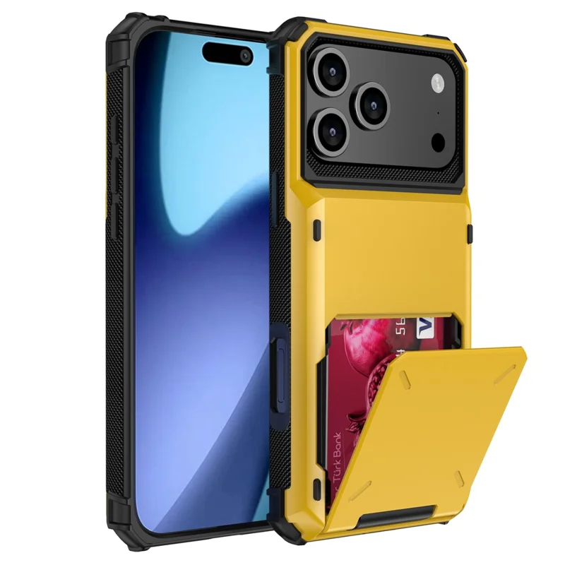 For iPhone 17 Pro Case PC + TPU Dual Layer Back Phone Cover with Card Holder - Yellow