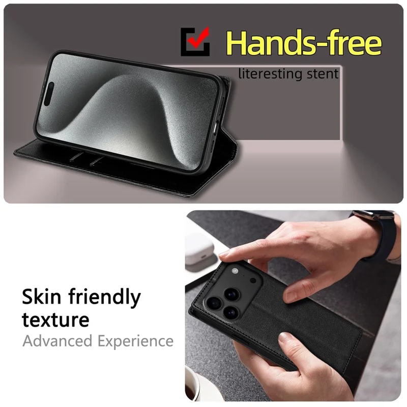 Funda de cartera para iPhone 17 Pro Max Cierre magnético Cubierta de teléfono de piel de PU - Negro