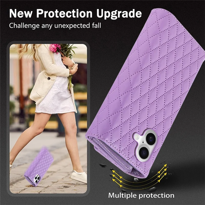 BKS-002 Brieftasche Handyhülle für iPhone 17 aus Kunstleder mit Ständer und Schulterriemen - Lila