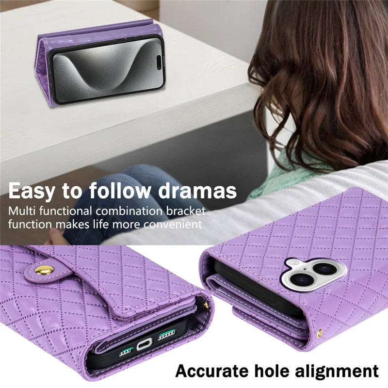 BKS-002 Brieftasche Handyhülle für iPhone 17 aus Kunstleder mit Ständer und Schulterriemen - Lila