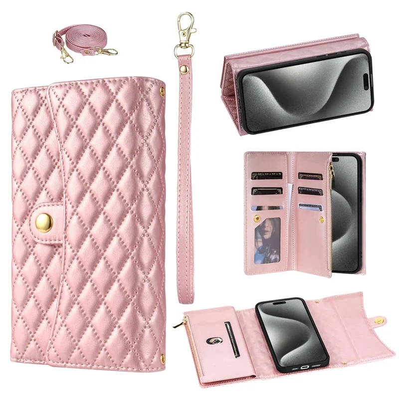 BKS-002 Funda Tipo Cartera de Cuero Sintético para iPhone 17 con Correa de Hombro - Oro Rosa