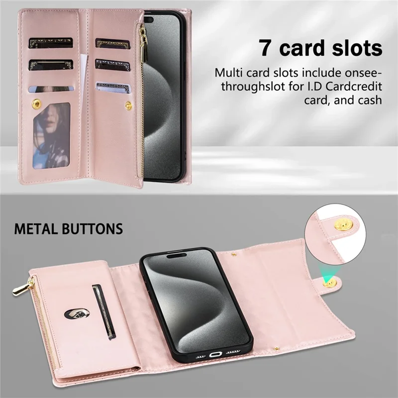 BKS-002 Funda Tipo Cartera de Cuero Sintético para iPhone 17 con Correa de Hombro - Oro Rosa