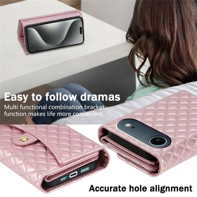 BKS-002 Funda Tipo Cartera de Cuero Sintético para iPhone 17 con Correa de Hombro - Oro Rosa
