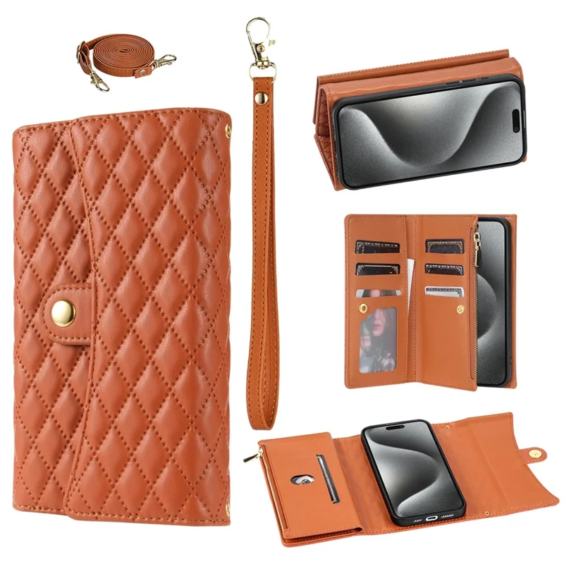 BKS-002 Funda Tipo Cartera de Cuero PU con Soporte y Correa para Hombro para iPhone 17 Pro - Marrón