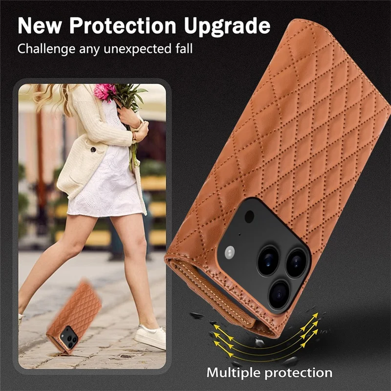 BKS-002 Funda Tipo Cartera de Cuero PU con Soporte y Correa para Hombro para iPhone 17 Pro - Marrón