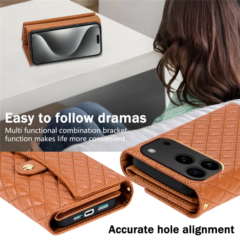 BKS-002 Funda Tipo Cartera de Cuero PU con Soporte y Correa para Hombro para iPhone 17 Pro - Marrón