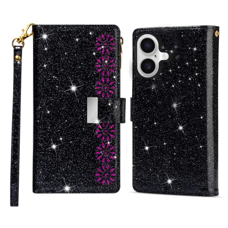 For iPhone 17 Case Starry Sky Carving Leather Wallet Phone Cover with Wrist Strap - Black