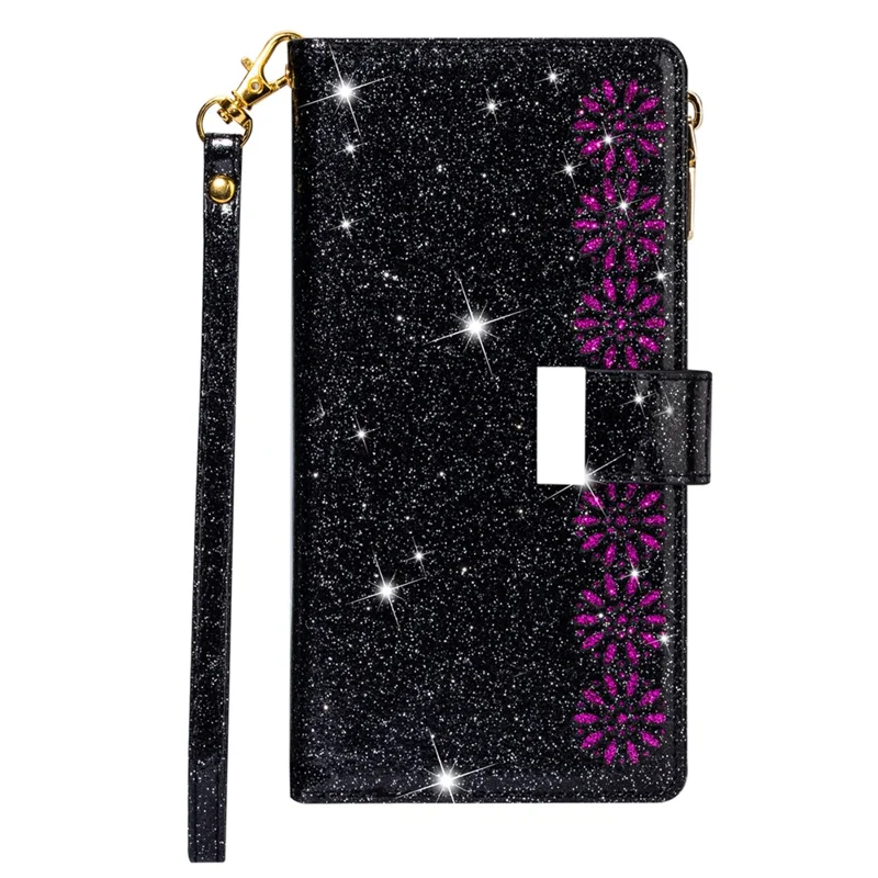 For iPhone 17 Case Starry Sky Carving Leather Wallet Phone Cover with Wrist Strap - Black