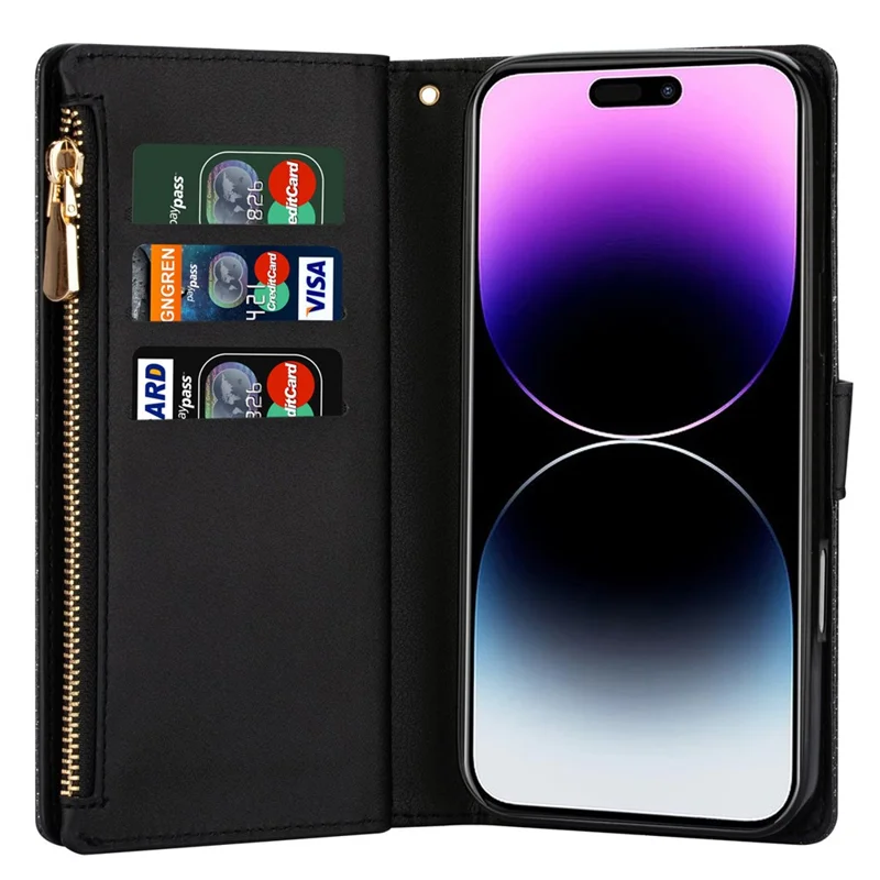 For iPhone 17 Case Starry Sky Carving Leather Wallet Phone Cover with Wrist Strap - Black
