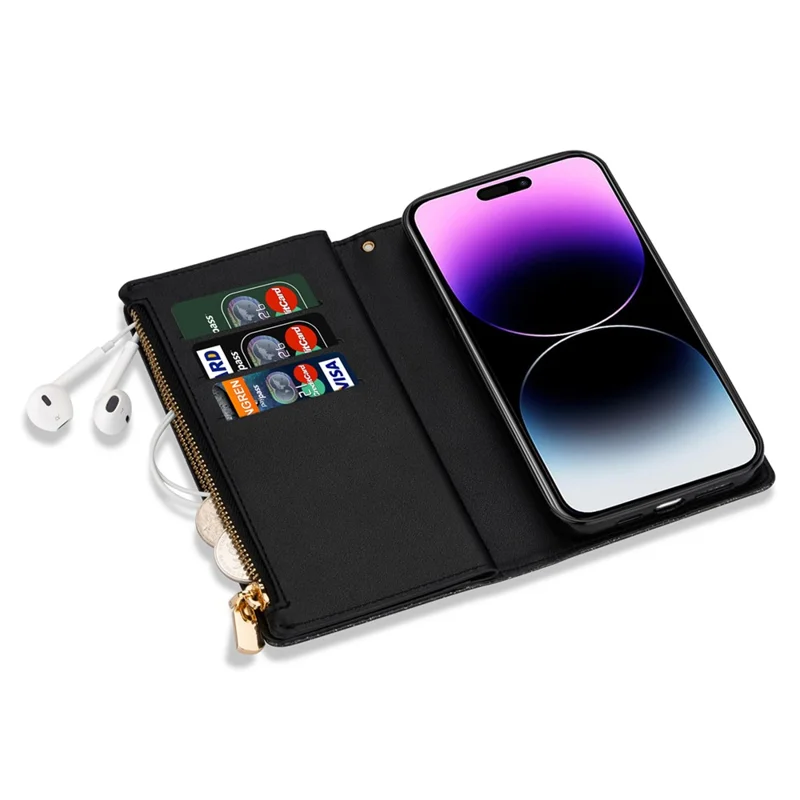 For iPhone 17 Case Starry Sky Carving Leather Wallet Phone Cover with Wrist Strap - Black