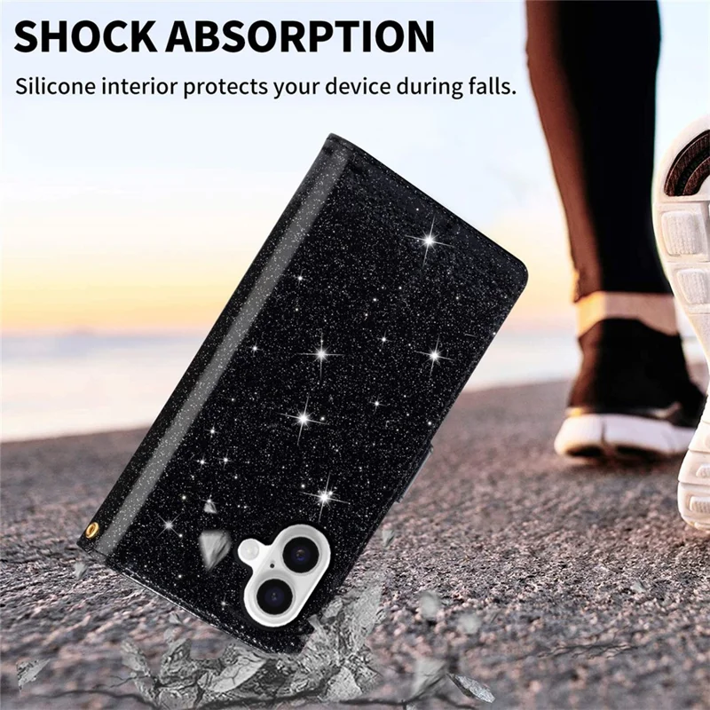 For iPhone 17 Case Starry Sky Carving Leather Wallet Phone Cover with Wrist Strap - Black
