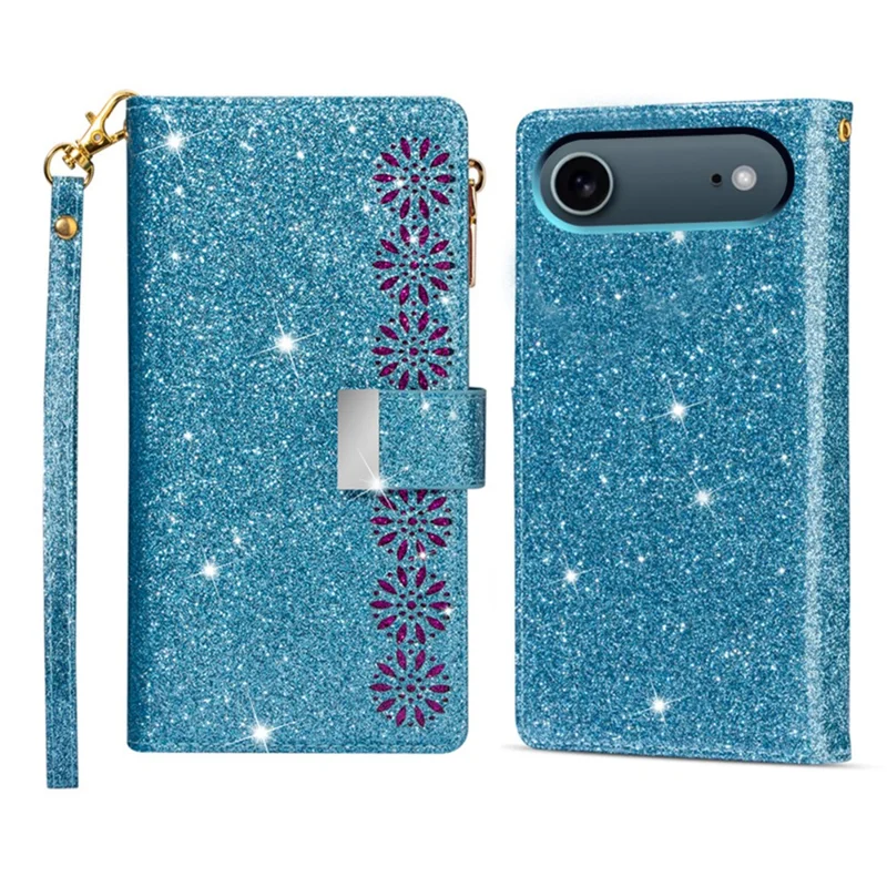 For iPhone Air Case Starry Sky Carving Leather Wallet Phone Cover with Wrist Strap - Blue