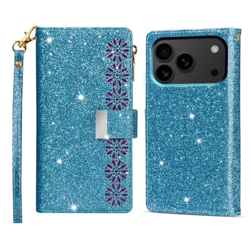 For iPhone 17 Pro Case Starry Sky Carving Leather Wallet Phone Cover with Wrist Strap - Blue