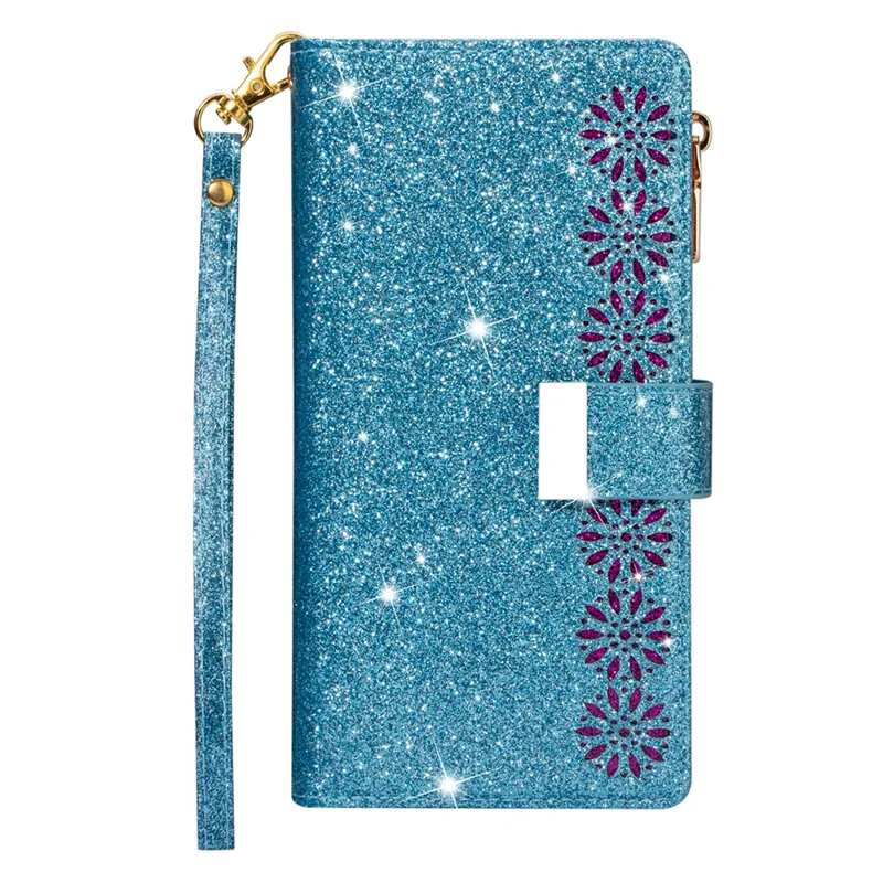 For iPhone 17 Pro Case Starry Sky Carving Leather Wallet Phone Cover with Wrist Strap - Blue