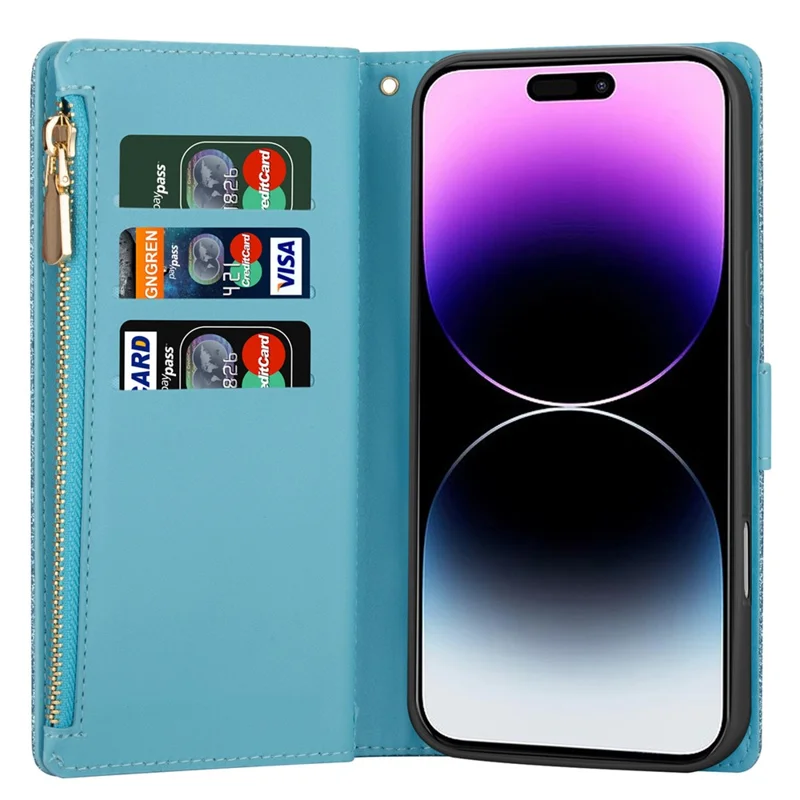 For iPhone 17 Pro Case Starry Sky Carving Leather Wallet Phone Cover with Wrist Strap - Blue