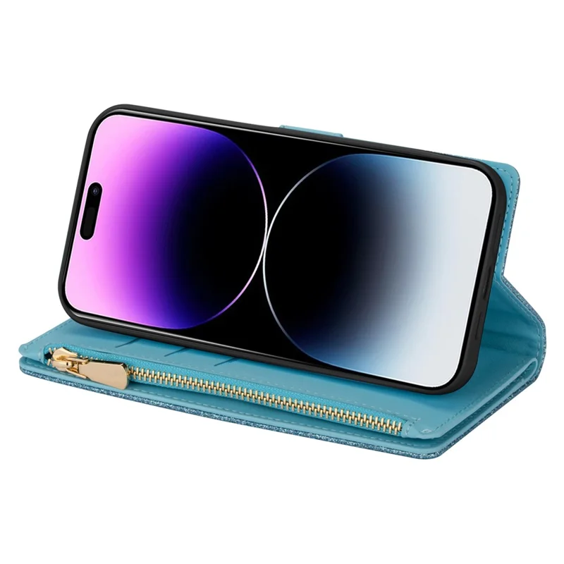 For iPhone 17 Pro Case Starry Sky Carving Leather Wallet Phone Cover with Wrist Strap - Blue