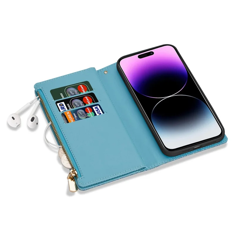 For iPhone 17 Pro Case Starry Sky Carving Leather Wallet Phone Cover with Wrist Strap - Blue