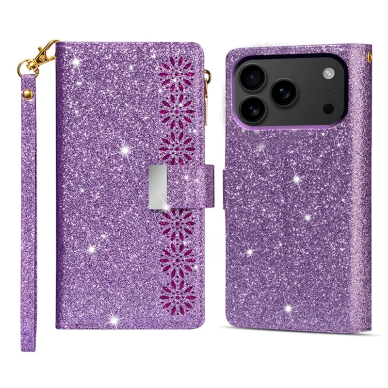 For iPhone 17 Pro Case Starry Sky Carving Leather Wallet Phone Cover with Wrist Strap - Purple