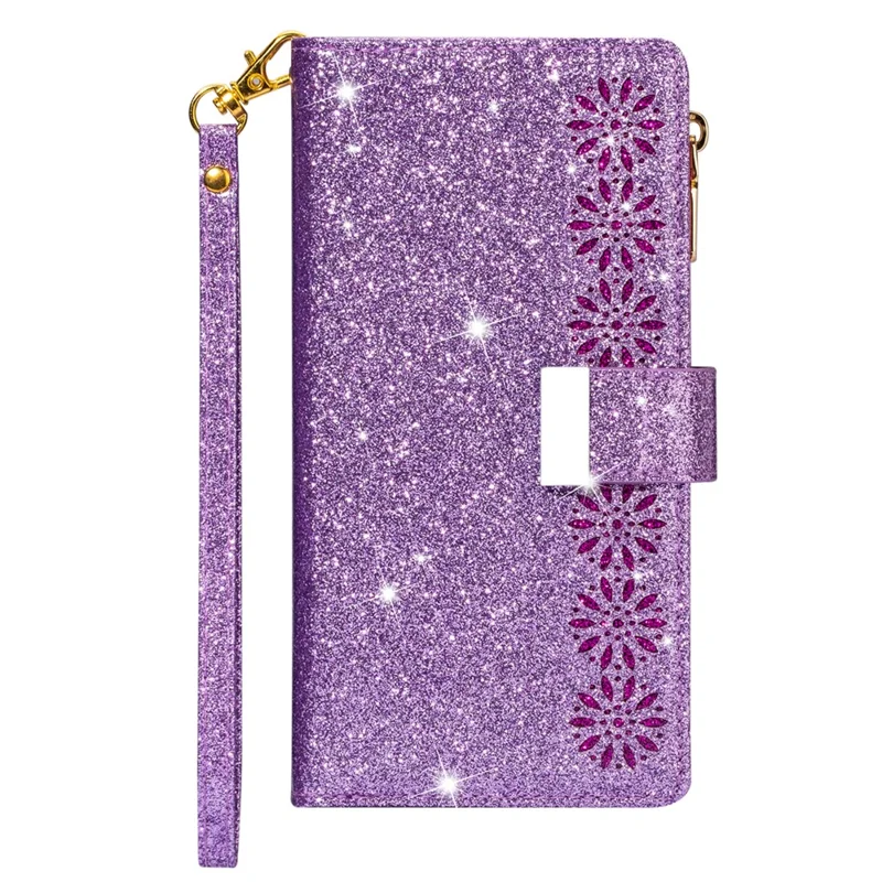 For iPhone 17 Pro Case Starry Sky Carving Leather Wallet Phone Cover with Wrist Strap - Purple