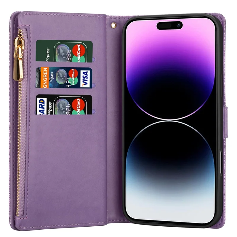 For iPhone 17 Pro Case Starry Sky Carving Leather Wallet Phone Cover with Wrist Strap - Purple