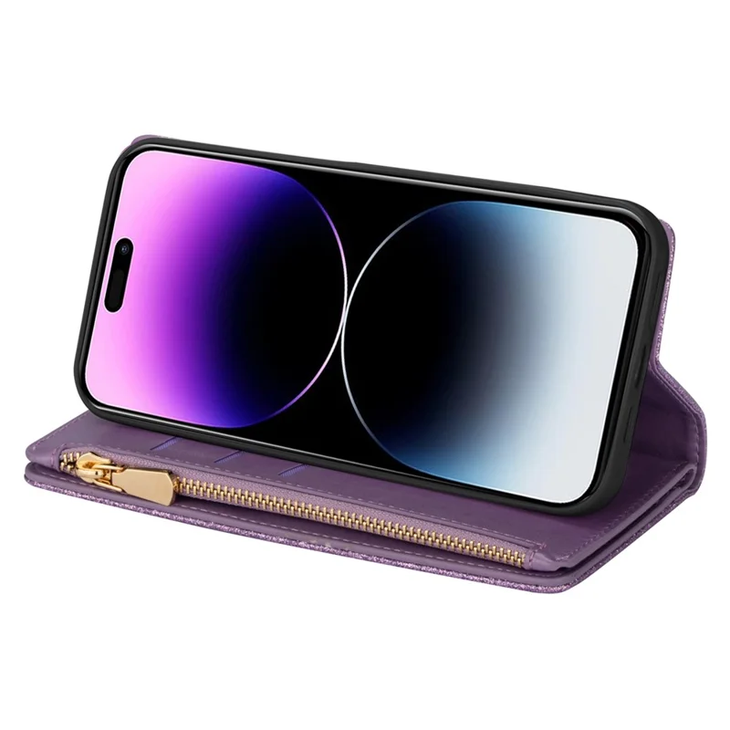 For iPhone 17 Pro Case Starry Sky Carving Leather Wallet Phone Cover with Wrist Strap - Purple