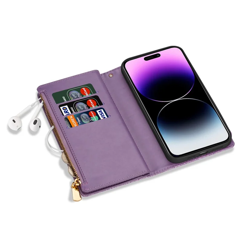 For iPhone 17 Pro Case Starry Sky Carving Leather Wallet Phone Cover with Wrist Strap - Purple