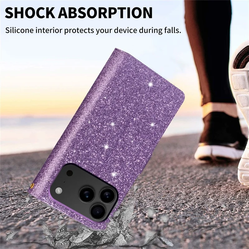 For iPhone 17 Pro Case Starry Sky Carving Leather Wallet Phone Cover with Wrist Strap - Purple