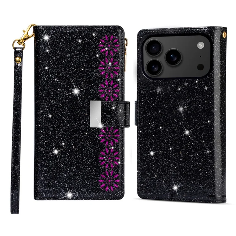 Cover per iPhone 17 Pro Max Cielo Stellato con Incisione - Custodia Portafoglio in Pelle con Cinturino da Polso - Nero