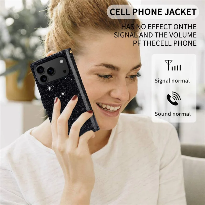 Cover per iPhone 17 Pro Max Cielo Stellato con Incisione - Custodia Portafoglio in Pelle con Cinturino da Polso - Nero