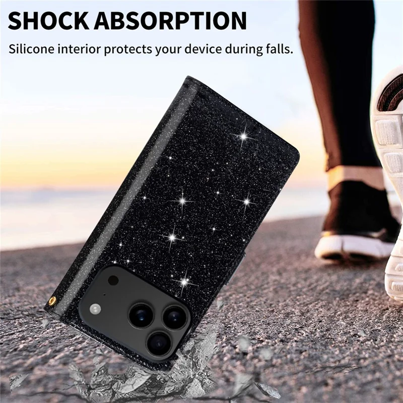 Cover per iPhone 17 Pro Max Cielo Stellato con Incisione - Custodia Portafoglio in Pelle con Cinturino da Polso - Nero