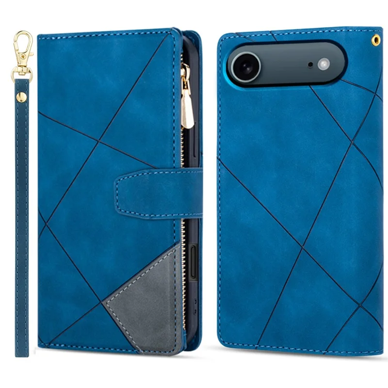 For iPhone 17 Air Wallet Case Color Splicing Leather Phone Cover with Stand - Blue