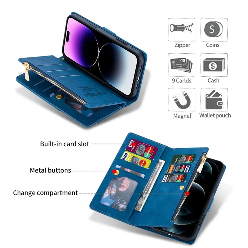 Funda de cartera para iPhone 17 Pro con diseño bicolor de cuero y soporte - Azul