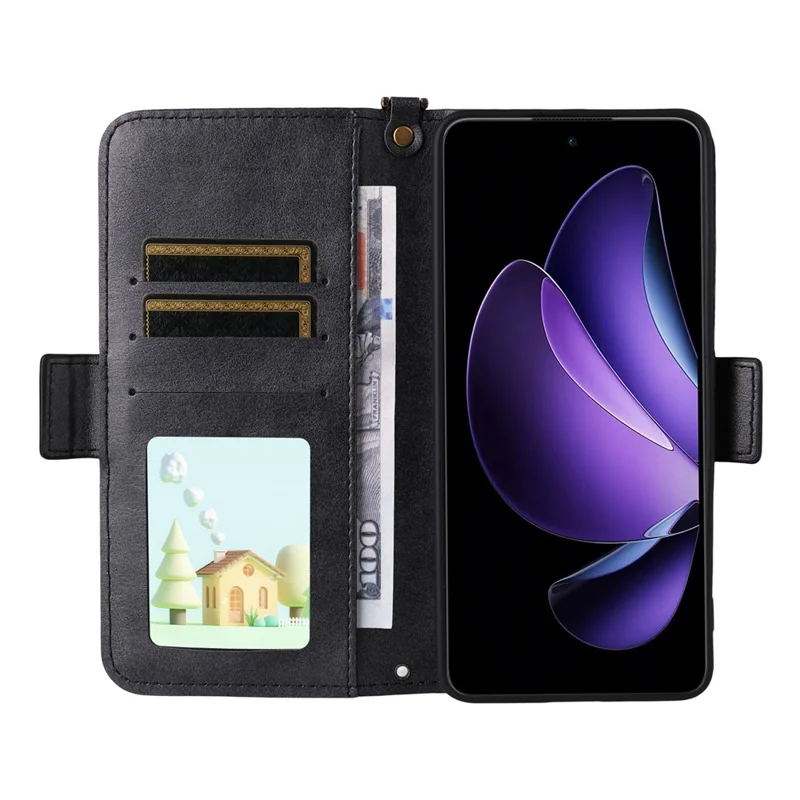 Funda de piel con cierre magnético y soporte para Oppo Reno13 F 5G, con correa para el hombro - Negro