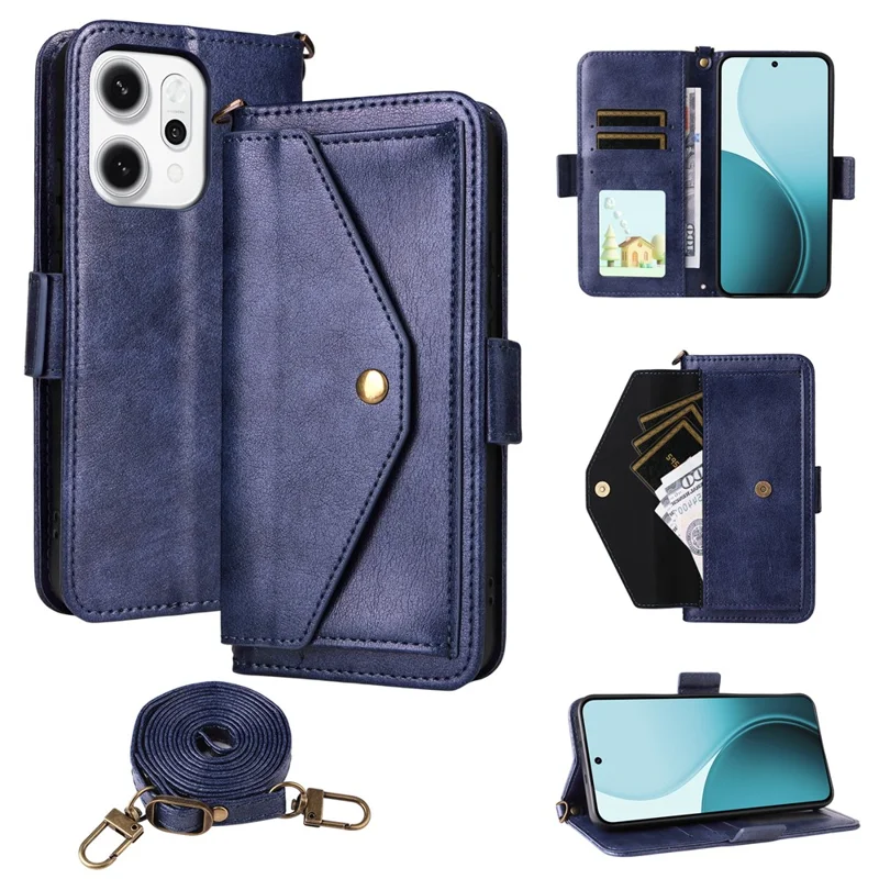 Für Oppo Reno14 Pro 5G (Global) Lederetui mit Magnetverschluss, Brieftaschenfunktion und Umhängeriemen - Blau