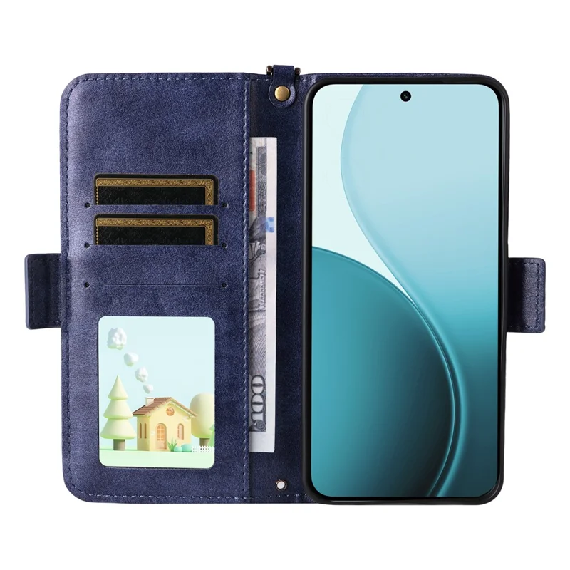 Für Oppo Reno14 Pro 5G (Global) Lederetui mit Magnetverschluss, Brieftaschenfunktion und Umhängeriemen - Blau
