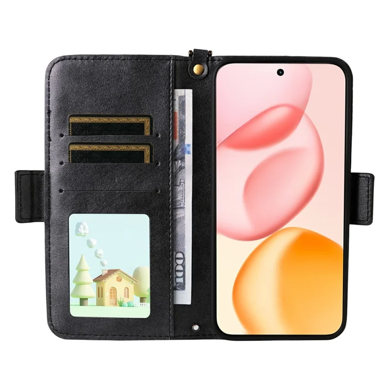 For Honor 400 5G (Global) Leather Case Magnetic Closure Wallet Stand Phone Cover with Crossbody Strap - Black