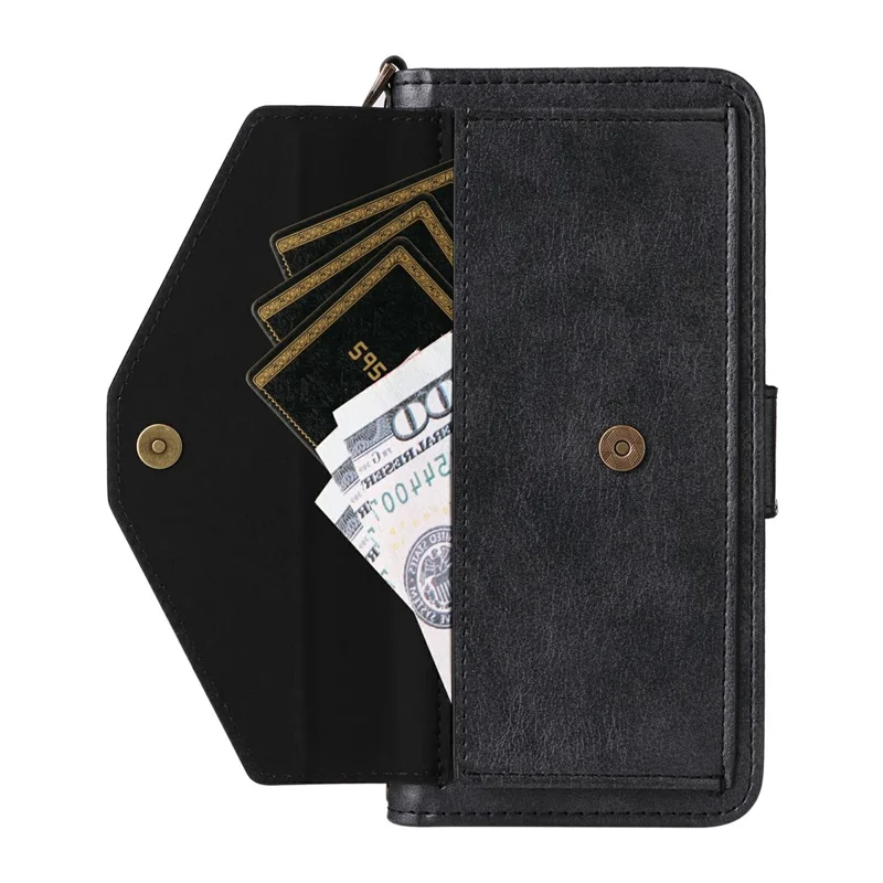 For Honor 400 5G (Global) Leather Case Magnetic Closure Wallet Stand Phone Cover with Crossbody Strap - Black