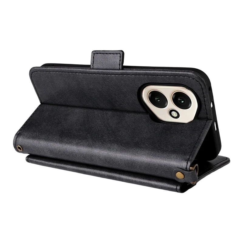 For Honor 400 5G (Global) Leather Case Magnetic Closure Wallet Stand Phone Cover with Crossbody Strap - Black