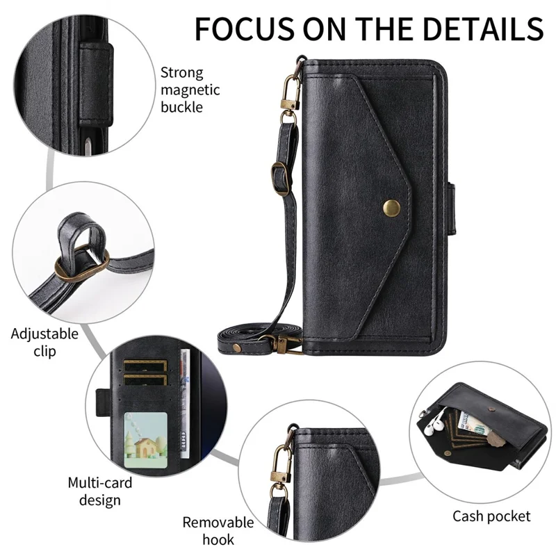 For Honor 400 5G (Global) Leather Case Magnetic Closure Wallet Stand Phone Cover with Crossbody Strap - Black